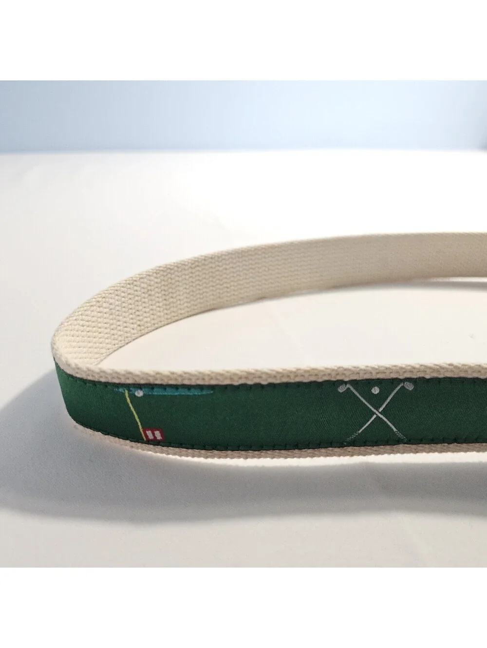 Golf Theme Canvas & Leather Belt Brown Leather Gold Buckle Green Golf Flag Clubs